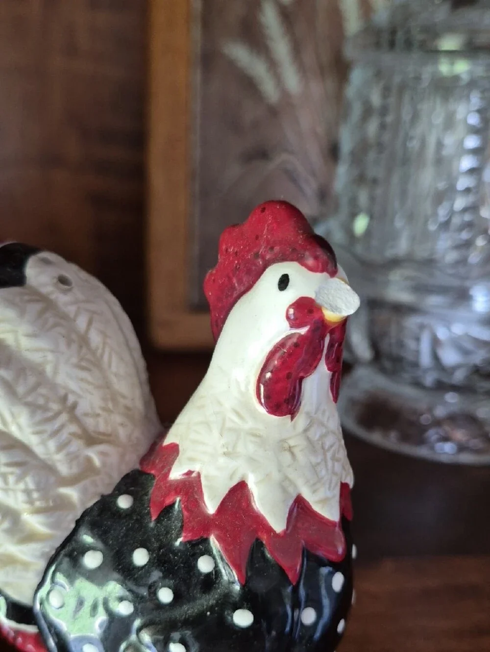Polka Dot Ceramic Rooster Salt & Pepper Shakers - Black, White, Red